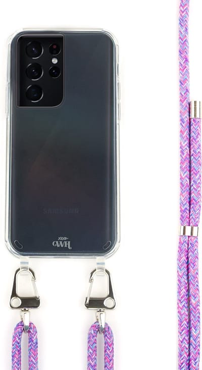 xoxo Wildhearts Purple Fever siliconen hoesje - Geschikt voor Samsung S21 Ultra - Hoesje met koord - Telefoonkoord - Samsung hoesje - Transparant hoesje - Paars koord