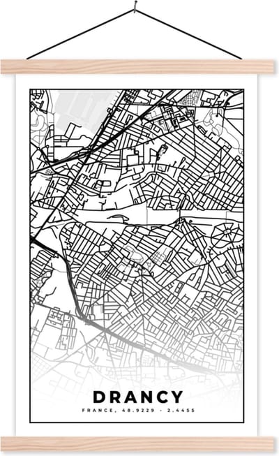 Posterhanger incl. Poster 40x60 cm - Schoolplaat - Kaart - Plattegrond - Drancy - Frankrijk - Stadskaart - Zwart wit - Textielposter - Blanke latten - Stadskaart