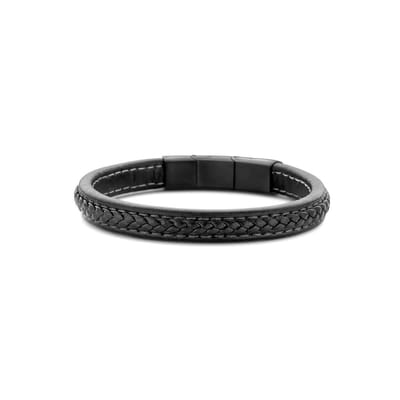 Frank 1967 7FB-0514 Heren Armband - Leder - Gevlochten - Zwart - 21 cm - Blackplating