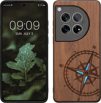 kwmobile telefoonhoesje geschikt voorOnePlus 12 - Hoesje met bumper - hout - In donkerbruin Parelmoer kompas design