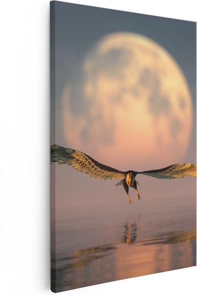 Artaza Canvas Schilderij Vogel Boven Zee - 20x30 cm - Klein - Wanddecoratie Vogels - Muurdecoratie Maan - Kamer Accessoires Woonkamer