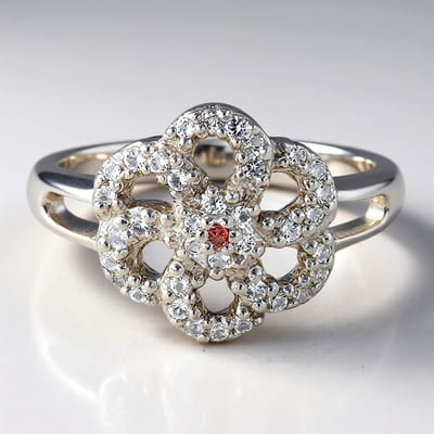 Cavill - Zilveren Ring - 925 Sterling Zilver - Mozambique Granaat 0 01 ct & Witte Topaas 0 304 ct - Elegant Bloemvormig Design - Maat 17