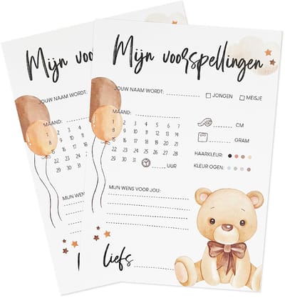 My Little Buddha - Babyshower Invulkaarten - 20 stuks - Voorspellingen voor jongens en meisjes - Teddybeer thema