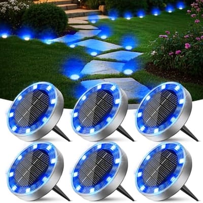 Vloerlamp op zonne-energie - 6 stuks - Blauw - Waterdicht - Zonnelamp voor Buiten en Tuin - Met 8 LED's voor Paden, Oprit, Gazon, Terrein en Binnenplaats