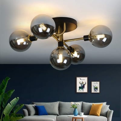 Glitzerlife - Plafondlamp - Vintage Glazen Bol - G9 5-Lichts Kroonluchter - Rookgrijs Messing - Warm Sfeervol Licht - Ø67cm