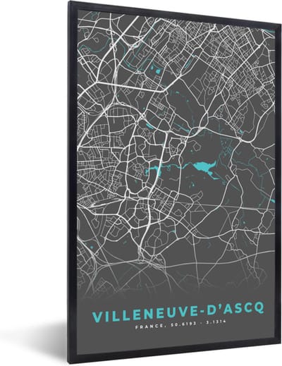 Fotolijst incl. Poster - Villeneuve-d'Ascq - Frankrijk - Stadskaart - Kaart - Plattegrond - 40x60 cm - Posterlijst