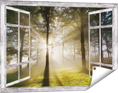 Gards Tuinposter Doorkijk Zon tussen de Bomen - 90x60 cm - Tuindoek - Tuindecoratie - Wanddecoratie buiten - Tuinschilderij