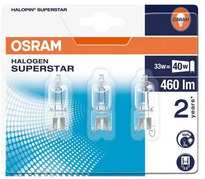 Osram Eco Halogeen Halopin G9 33W = 40W - 230V - 460 Lumen - 2800K Warm Wit - Dimbaar - 3 stuks