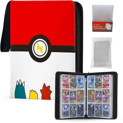 Verzamelmap 900 kaarten incl. Cardsleeves en Toploaders – 9 pocket – binder map met ritssluiting – 50 pagina’s – Zwart/Oranje – Geschikt voor Pokemon kaarten