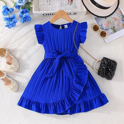 Zomer Kinderjurken voor Meisjes Ruche Mouw Verjaardagsfeest Kleding Effen Kleur Lieve Prinsessenjurk Kinderen Vakantiekleding 5Y blauw