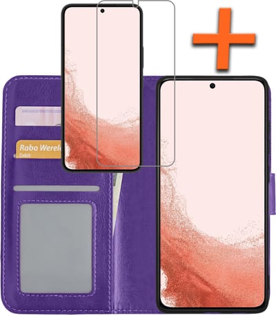 Hoes - Met Screenprotector - Geschikt voor Samsung Galaxy S22 - Luxe Pasjeshouder - Bookcase Portemonee - Flip Case - Kunstleer Book Case - Flipcase - Book Cover - Walletcase - PortemonneeHoes - Paars