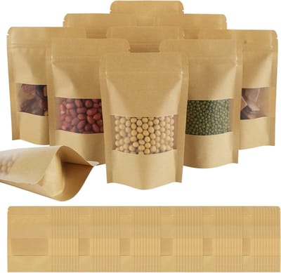 Herbruikbare Kraft Papieren Zakjes met Venster en Sluiting voor Noten, Koffiebonen, Theebladeren en Specerijen - 9 x 14 cm