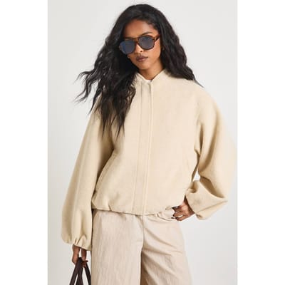 boohoo Dames Ballonmouw Wol-Look Bomber Jacket | Steen | Maat: 36