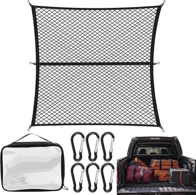 Elastisch bagagenet 1.2 x 1.2 m, rekbaar tot 210 x 210 cm met 6 schroefkarabiners en opbergtas, ideaal voor grote SUV's, bestelwagens en bussen