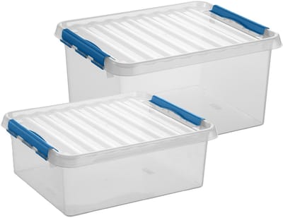 Sunware Q-Line opberg boxen set - 2 maten - 25 en 36 liter - kunststof - transparant/blauw