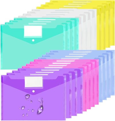 12 Stuks Plastic Enveloppen - Duidelijke Documentmappen met Drukknop en Labelvak voor A4 en Briefformaat, Ideaal voor Kantoor en School, Verkrijgbaar in 6 Kleuren