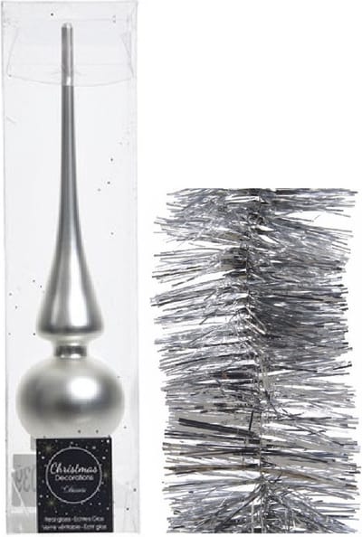 Kerstversiering glazen piek mat 26 cm en folieslingers pakket zilver van 3x stuks - Kerstboomversiering