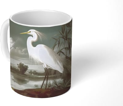 Mok - Koffiemok - Reiger - Planten - Wolken - Wit - Mokken - 350 ML - Beker - Koffiemokken - Theemok