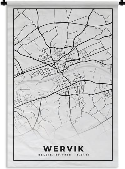 Wandkleed - Wanddoek - België – Wervik – Stadskaart – Kaart – Zwart Wit – Plattegrond - 120x180 cm - Wandtapijt