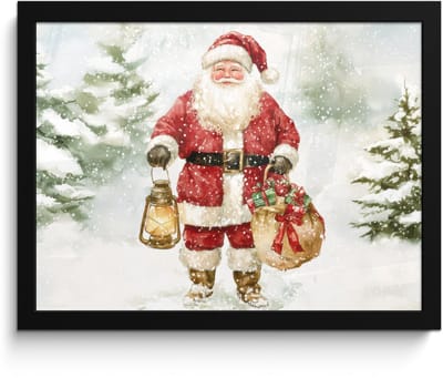 Poster in lijst - Fotolijst 40x30 cm - Posters - Kerstman- Winter - Sneeuw - Wit - Rood - Posterlijst zwart - Decoratie - Wanddecoratie woonkamer - Muurdecoratie slaapkamer - Kerstversiering - Kerstdecoratie voor binnen - Kerstmis