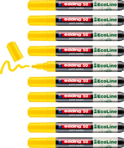 edding 50 EcoLine verfstift op waterbasis geel 10 stuks - ronde punt 2-3 mm - lakmarker met laag VOS-gehalte - navulbaar - geschikt voor o.a. gladde, donkere en transparante oppervlaktes