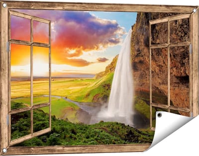 Gards Tuinposter Doorkijk Waterval in IJsland met Zonsondergang - 90x60 cm - Tuindoek - Tuindecoratie - Wanddecoratie buiten - Tuinschilderij