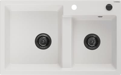 Mexen Tomas granieten spoelbak 2-vaks 800 x 500 , wit, zwarte sifon - 6516802000-20-B