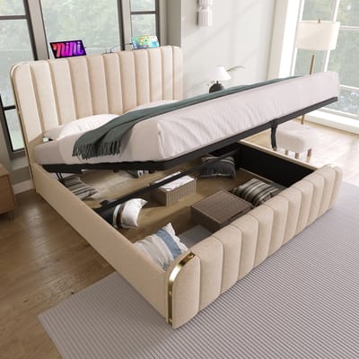 MEUNIQ gestoffeerd tweepersoonsbed 140x200 cm met hydraulische opbergruimte, USB en Type-C in hoofdbord, lattenbodem en beige stoffen bekleding voor de slaapkamer