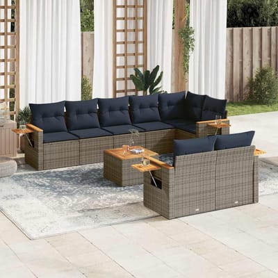 vidaXL - 9-delige - Loungeset - met - kussens - poly - rattan - grijs