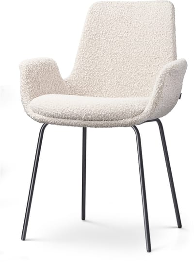 Nolon Nora-Eef Eetkamerstoel Bouclé Beige - met Armleuning - Stof - Zwart Metalen Poten - Lage Armleuning - Modern - Design - Scandinavisch