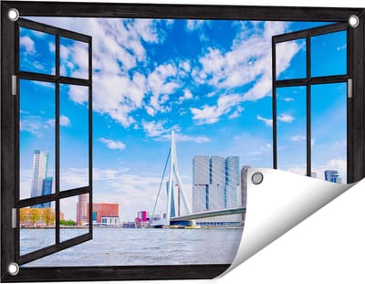 Gards Tuinposter Doorkijk Erasmusbrug aan het Water in Rotterdam - 60x40 cm - Tuindoek - Tuindecoratie - Wanddecoratie buiten - Tuinschilderij