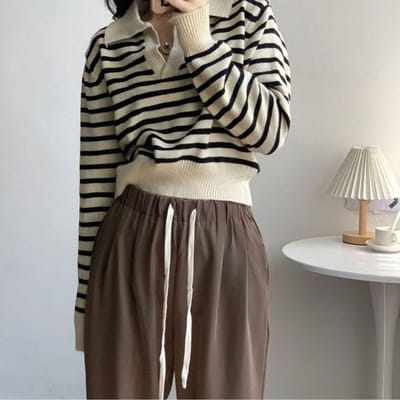 Pull Rayé Contrastant Col en V Femme Automne Hiver Doux Col Polo Court Pull Manches Chauve-Souris L beige
