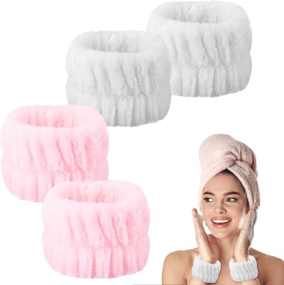 Set van 4 Microfiber Polsbanden voor Gezichtsreiniging, Absorberende Wasbanden voor Douche en Spa (Roze & Wit)