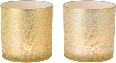 J-Line theelichthouder Bladeren - glas - goud/wit - large - set van 2