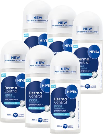 NIVEA Derma Control Defend Anti-Transpirant Deo Roller - Deodorant met Hyaluronzuur - 72 uur bescherming - Voordeelverpakking - 6 x 50ml