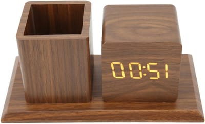 Houten LED Potloodhouder Klok met Stille Quartz Beweging, Temperatuur- en Kalenderweergave, Perfecte Kantooraccessoire en Bedrijfsgeschenk in Mahonie en Wit Licht