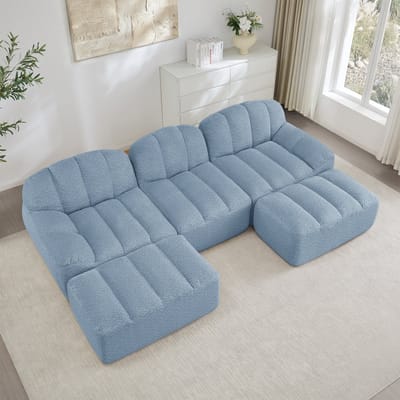 3-Zits Modulaire U-Bank Met 2 Poefs - Teddy Stoffen Lounge Sofa - Blauw
