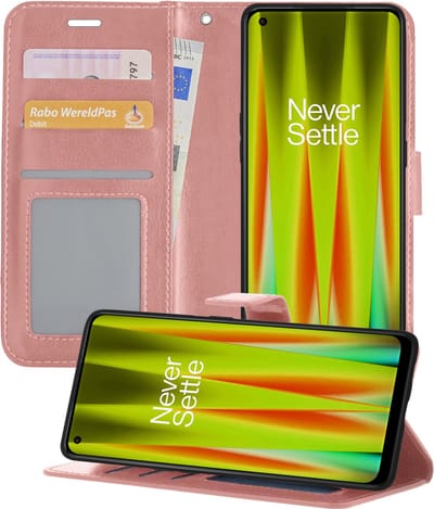 Hoesje - Met Pasjeshouder - Geschikt voor OnePlus Nord CE 2 - Luxe Bookcase Portemonee - Flip Case - Kunstleer Book Case - Flipcase - Book Cover - Walletcase - Portemonneehoes - Telefoonhoesjes - Rosé goud