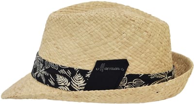 Herman chapeau petit bord relevé à l'arrière en paille naturelle avec ruban noir imprimé feuilles