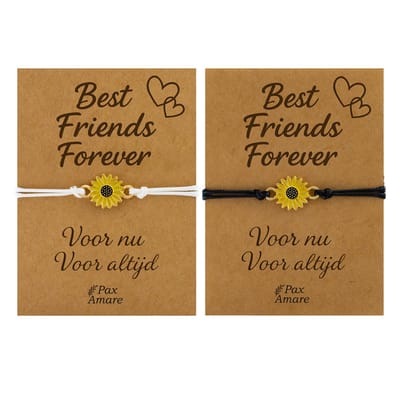 Vriendschapsarmbandjes voor 2 "Best Friends Forever" - Zonnebloem - BFF Armbandjes met Persoonlijk Cadeau Kaartje - Wit & Zwart met Bloem Hanger - Op Twee Kaartjes- Pax Amare