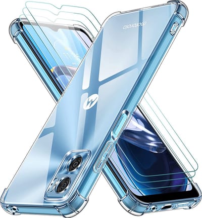 Casemania Hoesje Geschikt voor Motorola Moto E22 & E22i Transparant & 3X Glazen Screenprotector - Anti Shock Hybrid Back Cover