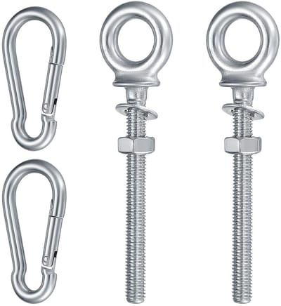 M8 x 80 mm oogschroeven met metrische draad, 2 stuks ringbouten en 2 stuks karabiners van roestvrij staal, ideaal voor bevestiging en veiligheid