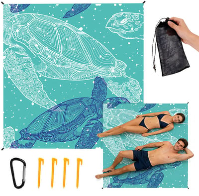Parkdeken - 200*210CM grote stranddeken voor zand, waterdichte stranddeken voor op het strand, zandbestendige picknickmat met print, opvouwbare buitendeken met 4 winddichte haringen en 1 karabijnhaak voor een zomerfeest,draagbare vochtbestendige mat