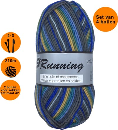 Lammy Yarns New Running Multi (424) - 4 bollen van 50 gram - gemêleerde sokkenwol grijs/blauwgroen
