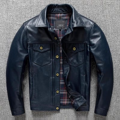 Kalf Leer Hoofdlaag Echt Leer Revers Kort Denim Leren Jas Heren Leren Jas Motorjas Grote Maat L black