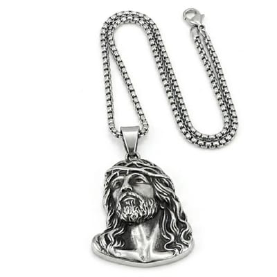 Zilverkleurige ketting met hanger van religieus figuur voor heren – buste met doornenkroon – schakelketting – godsdienstig motief