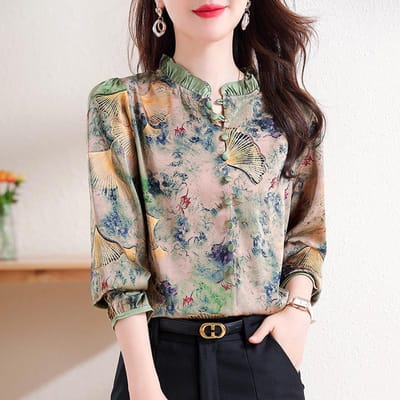 Retro Chiffon Blouse Dames Herfst Nieuw Moederjurk Leeftijdsverjongende Top Mode Buitenlandse Stijl Voering Kleding 3XL gray