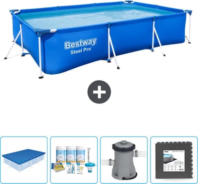 Bestway Rechthoekig Steel Pro Zwembad - 300 x 201 x 66 cm - Blauw - Inclusief Afdekzeil - Onderhoudspakket - Pomp - Vloertegels