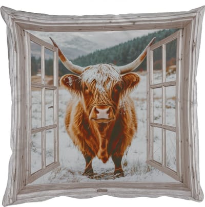Sierkussens - Kussentjes Woonkamer - 50x50 cm - Schotse Hooglander - Winterlandschap - Landelijk - Bergen - Doorkijk