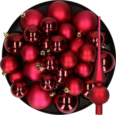 Kerstversiering kunststof kerstballen met glazen piek donkerrood 6-8-10 cm pakket van 45x stuks - Kerstboomversiering
